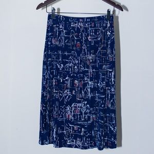 Navy House Print Midi Skirt